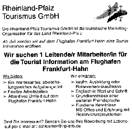 Stellenanzeige Rheinland-Pfalz Touristik 