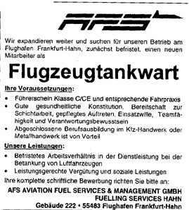 Stellenanzeige Flugzeugtankwart