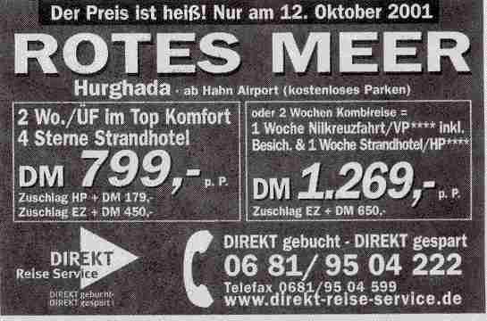 Werbeanzeige für Flüge nach Hurghada ans Rote Meer